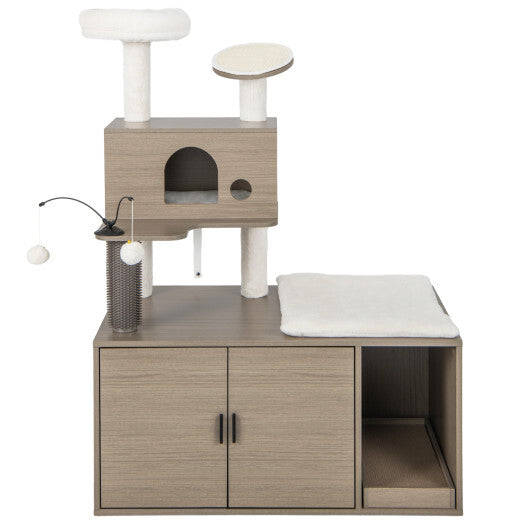 2-in-1 Modern Cat Tower with Litter Box Enclosure for Indoor Cars-Gray W2B