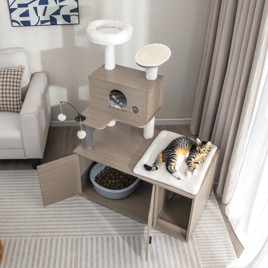 2-in-1 Modern Cat Tower with Litter Box Enclosure for Indoor Cars-Gray W2B
