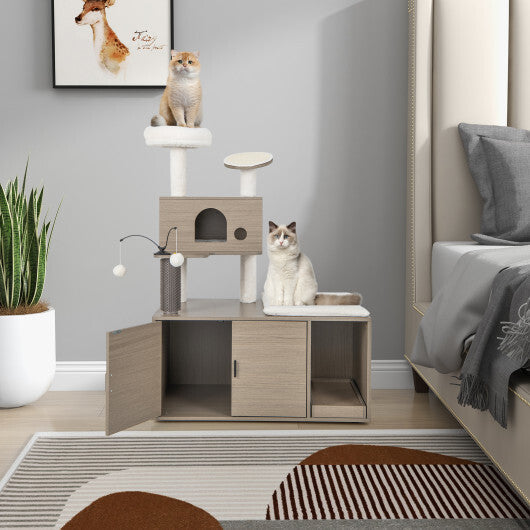 2-in-1 Modern Cat Tower with Litter Box Enclosure for Indoor Cars-Gray W2B