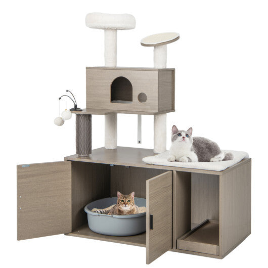 2-in-1 Modern Cat Tower with Litter Box Enclosure for Indoor Cars-Gray W2B