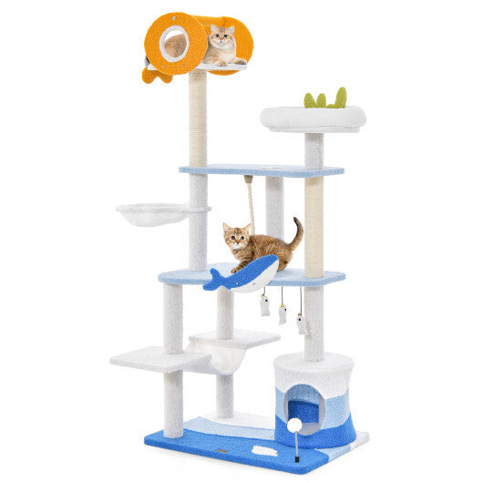 Multi-level Ocean-themed Cat Tree Tower with Sisal Covered Scratching Posts-Blue W2B
