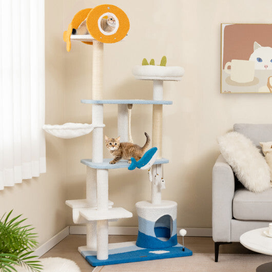 Multi-level Ocean-themed Cat Tree Tower with Sisal Covered Scratching Posts-Blue W2B