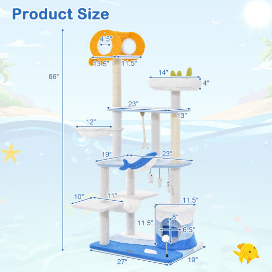 Multi-level Ocean-themed Cat Tree Tower with Sisal Covered Scratching Posts-Blue W2B
