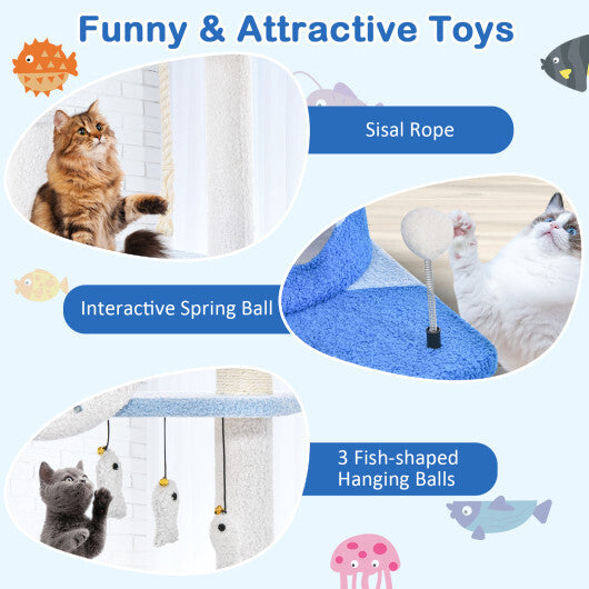 Multi-level Ocean-themed Cat Tree Tower with Sisal Covered Scratching Posts-Blue W2B