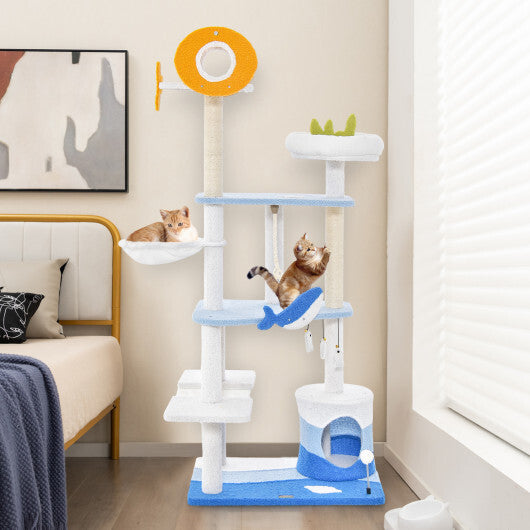 Multi-level Ocean-themed Cat Tree Tower with Sisal Covered Scratching Posts-Blue W2B