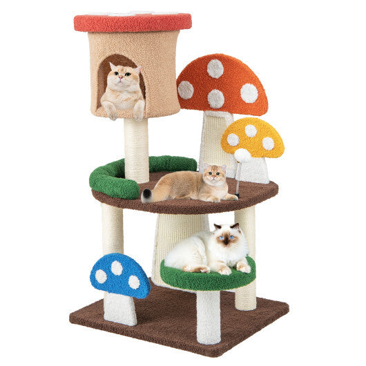 4-In-1 Mushroom Cat Tree with Condo Spring Ball and Sisal Posts-Multicolor W2B