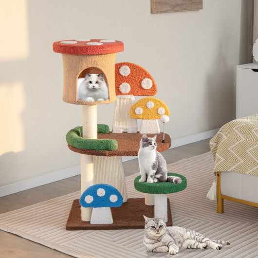 4-In-1 Mushroom Cat Tree with Condo Spring Ball and Sisal Posts-Multicolor W2B