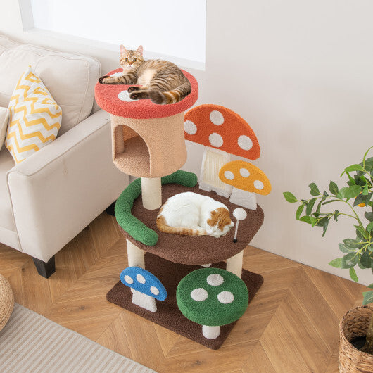 4-In-1 Mushroom Cat Tree with Condo Spring Ball and Sisal Posts-Multicolor W2B