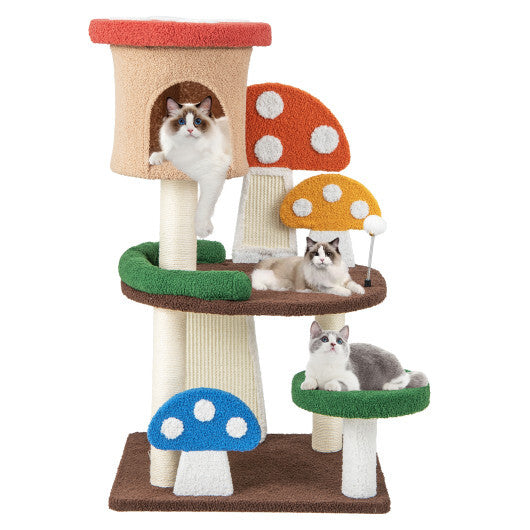 4-In-1 Mushroom Cat Tree with Condo Spring Ball and Sisal Posts-Multicolor W2B