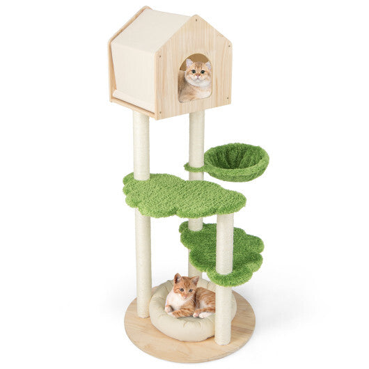 55 Inch Tall Cat Climbing Stand with Sisal Scratching Posts and Soft Cat Bed for Indoor Kittens-Green W2B