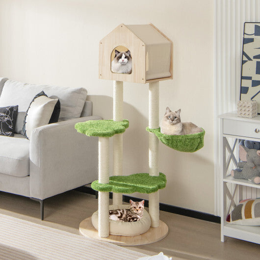 55 Inch Tall Cat Climbing Stand with Sisal Scratching Posts and Soft Cat Bed for Indoor Kittens-Green W2B