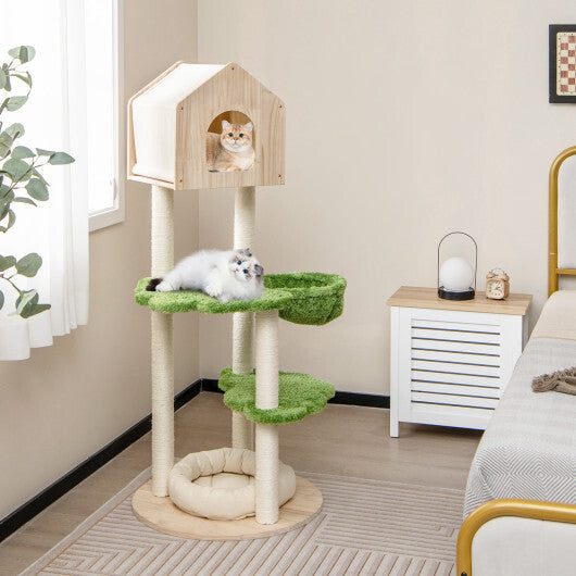55 Inch Tall Cat Climbing Stand with Sisal Scratching Posts and Soft Cat Bed for Indoor Kittens-Green W2B