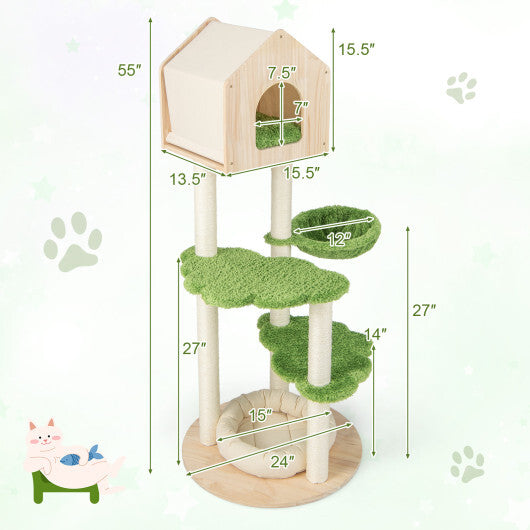 55 Inch Tall Cat Climbing Stand with Sisal Scratching Posts and Soft Cat Bed for Indoor Kittens-Green W2B