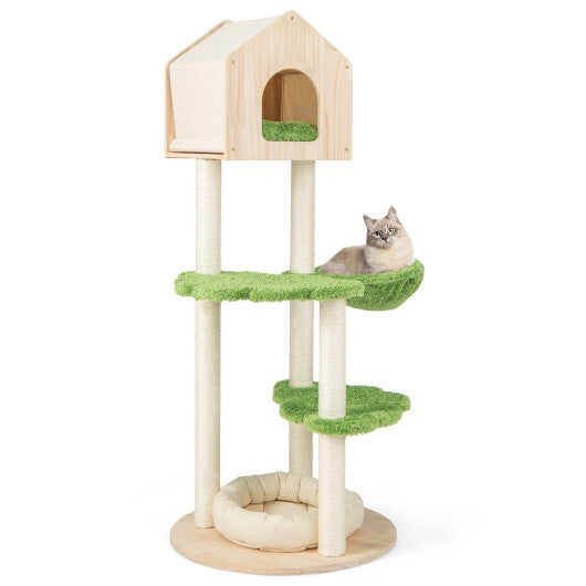 55 Inch Tall Cat Climbing Stand with Sisal Scratching Posts and Soft Cat Bed for Indoor Kittens-Green W2B