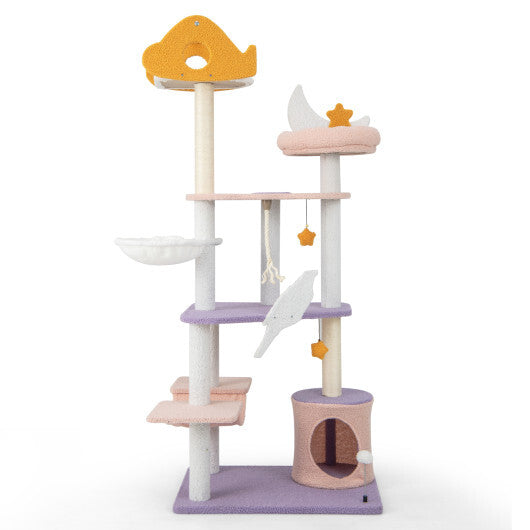 66 Inch Cute Cat Tree Cats Multi-level Tall Cat Tower with Sisal Covered Scratching Posts-Purple W2B