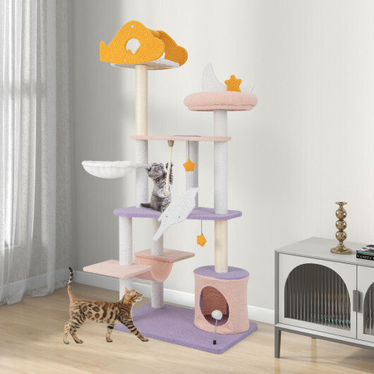66 Inch Cute Cat Tree Cats Multi-level Tall Cat Tower with Sisal Covered Scratching Posts-Purple W2B