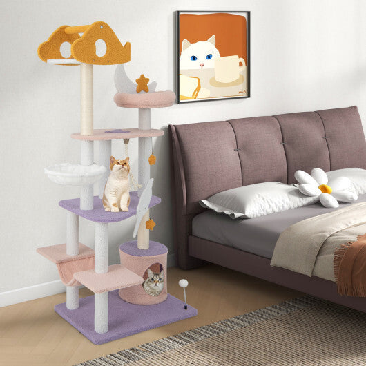 66 Inch Cute Cat Tree Cats Multi-level Tall Cat Tower with Sisal Covered Scratching Posts-Purple W2B