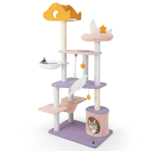 66 Inch Cute Cat Tree Cats Multi-level Tall Cat Tower with Sisal Covered Scratching Posts-Purple W2B