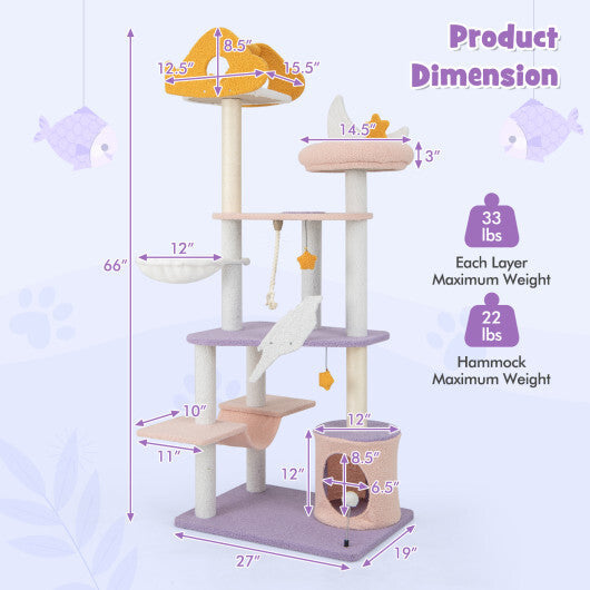66 Inch Cute Cat Tree Cats Multi-level Tall Cat Tower with Sisal Covered Scratching Posts-Purple W2B
