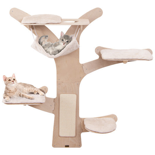 Wall-Mounted Cat Tower with Hammock Platforms and Sisal Scratching Mat-Natural W2B
