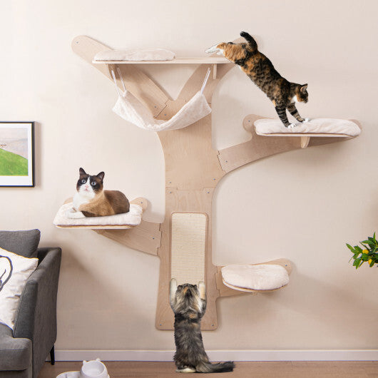 Wall-Mounted Cat Tower with Hammock Platforms and Sisal Scratching Mat-Natural W2B