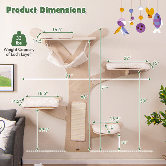 Wall-Mounted Cat Tower with Hammock Platforms and Sisal Scratching Mat-Natural W2B