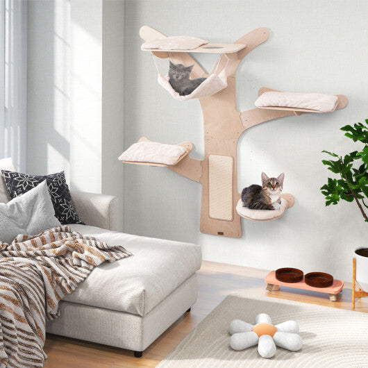 Wall-Mounted Cat Tower with Hammock Platforms and Sisal Scratching Mat-Natural W2B