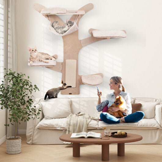 Wall-Mounted Cat Tower with Hammock Platforms and Sisal Scratching Mat-Natural W2B