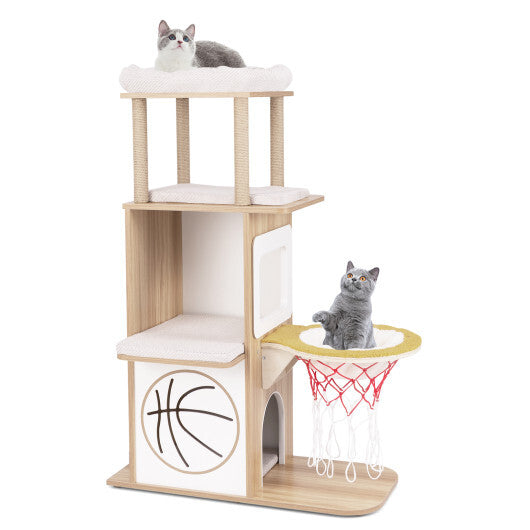 47 Inches Wooden Cat Tree with 2-Story Cat Condo and Basketball Hoop Hammock-Natural W2B