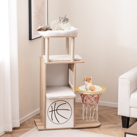47 Inches Wooden Cat Tree with 2-Story Cat Condo and Basketball Hoop Hammock-Natural W2B