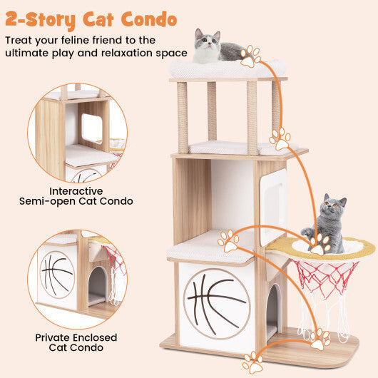 47 Inches Wooden Cat Tree with 2-Story Cat Condo and Basketball Hoop Hammock-Natural W2B