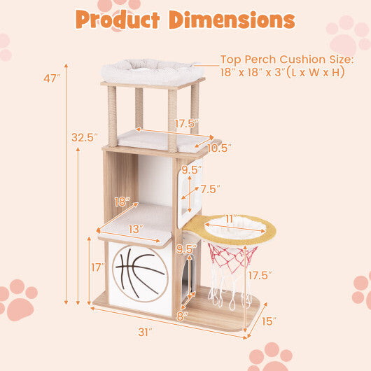 47 Inches Wooden Cat Tree with 2-Story Cat Condo and Basketball Hoop Hammock-Natural W2B