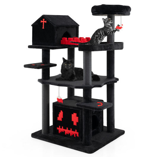 Gothic Cat Tree 49 Inch Tall Cat Tower 6-Tier Cat Activity Center with Coffin Bed-Black - Color: Black W2B