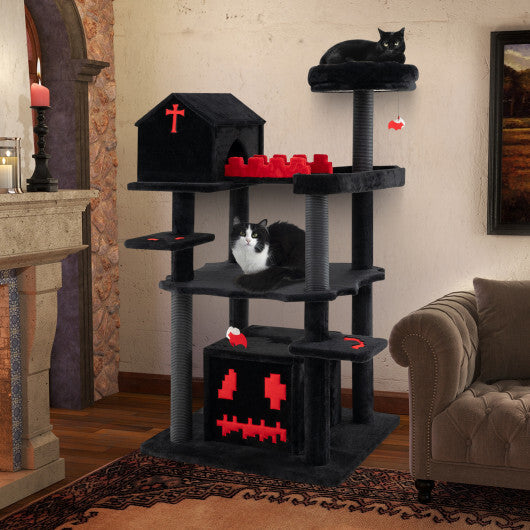 Gothic Cat Tree 49 Inch Tall Cat Tower 6-Tier Cat Activity Center with Coffin Bed-Black - Color: Black W2B