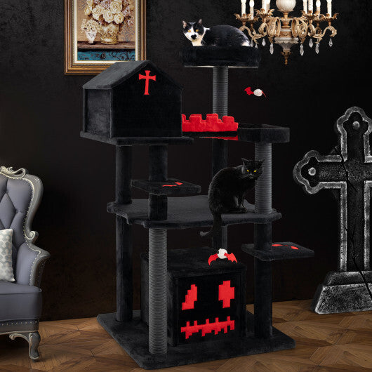 Gothic Cat Tree 49 Inch Tall Cat Tower 6-Tier Cat Activity Center with Coffin Bed-Black - Color: Black W2B