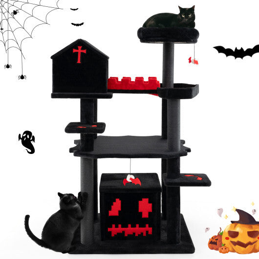 Gothic Cat Tree 49 Inch Tall Cat Tower 6-Tier Cat Activity Center with Coffin Bed-Black - Color: Black W2B