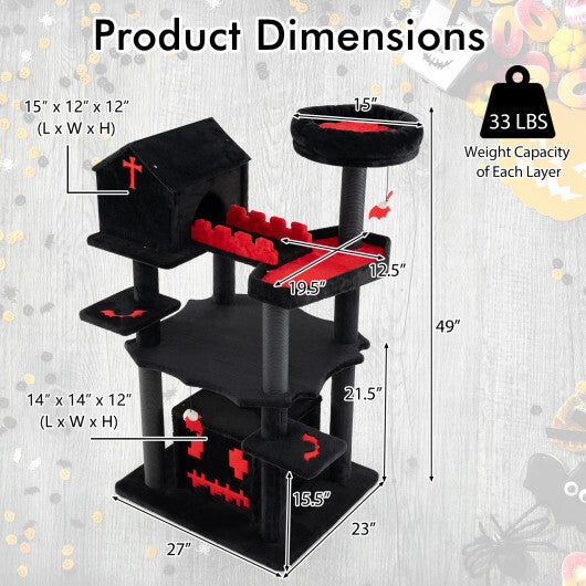 Gothic Cat Tree 49 Inch Tall Cat Tower 6-Tier Cat Activity Center with Coffin Bed-Black - Color: Black W2B