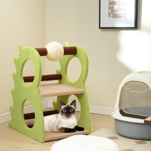 2-Tier Modern Cat Tree for Indoor Cats with Rotatable Sisal Scratching Ball-Green W2B