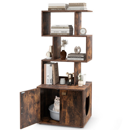 56 Inch Tall Cat Litter Box Enclosure with Storage-Rustic Brown W2B