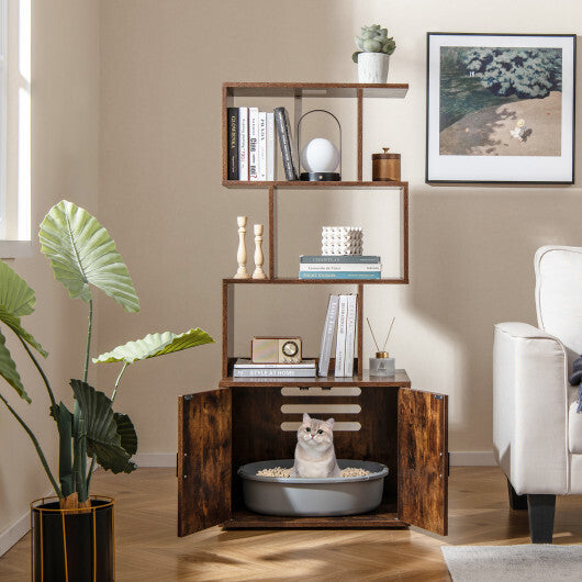 56 Inch Tall Cat Litter Box Enclosure with Storage-Rustic Brown W2B