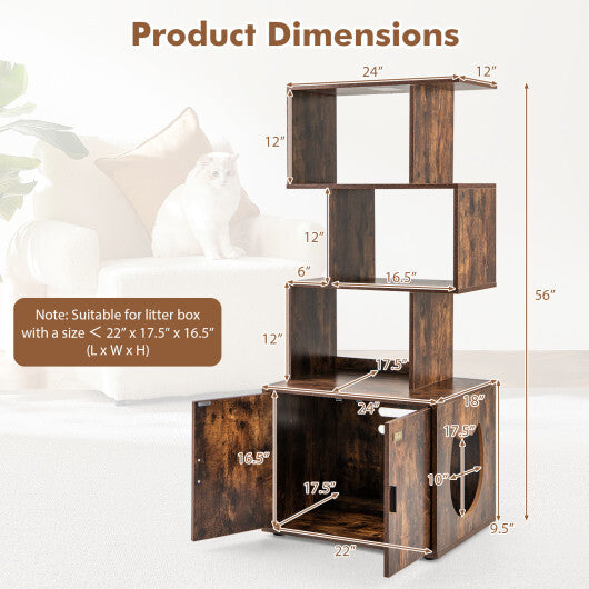 56 Inch Tall Cat Litter Box Enclosure with Storage-Rustic Brown W2B