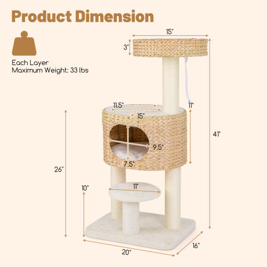 Modern Cat Tower Cat Tree with Top Perch Cattail Fluff Condo-Natural