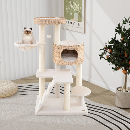 Modern Cat Tree for Indoor Cats with Cattail Fluff Condo and Top Perch-Natural
