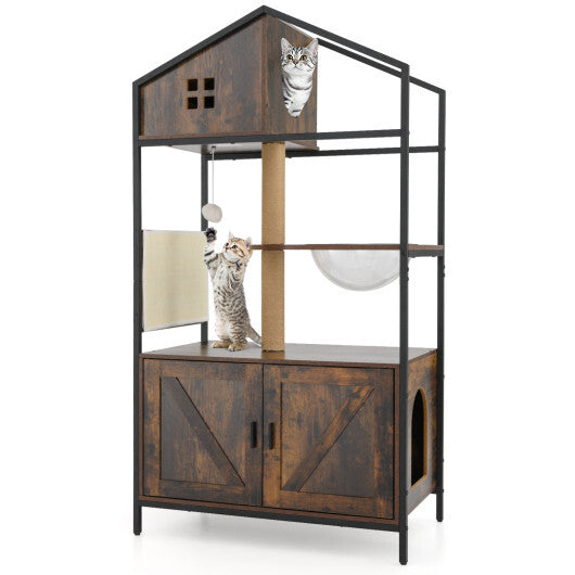 Cat Tree with Litter Box Enclosure Industrial Cat Tower Multi-level Cat Condo Furniture for Indoor Cats-Rustic Brown