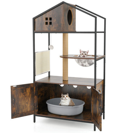 Cat Tree with Litter Box Enclosure Industrial Cat Tower Multi-level Cat Condo Furniture for Indoor Cats-Rustic Brown