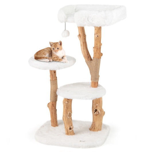 44 Inch Solid Wood Cat Tree with Perch and Natural Jute Scratching Posts-White W2B