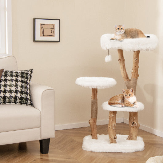 44 Inch Solid Wood Cat Tree with Perch and Natural Jute Scratching Posts-White W2B