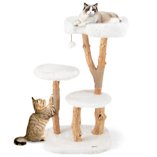 44 Inch Solid Wood Cat Tree with Perch and Natural Jute Scratching Posts-White W2B