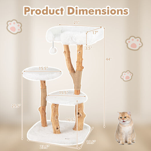 44 Inch Solid Wood Cat Tree with Perch and Natural Jute Scratching Posts-White W2B