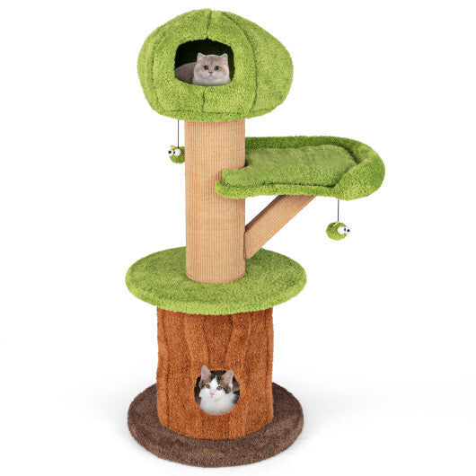 Mushroom Cat Tree for Indoor Cats with 2 Cute Condos Plush Perch and Teasing Balls-Green